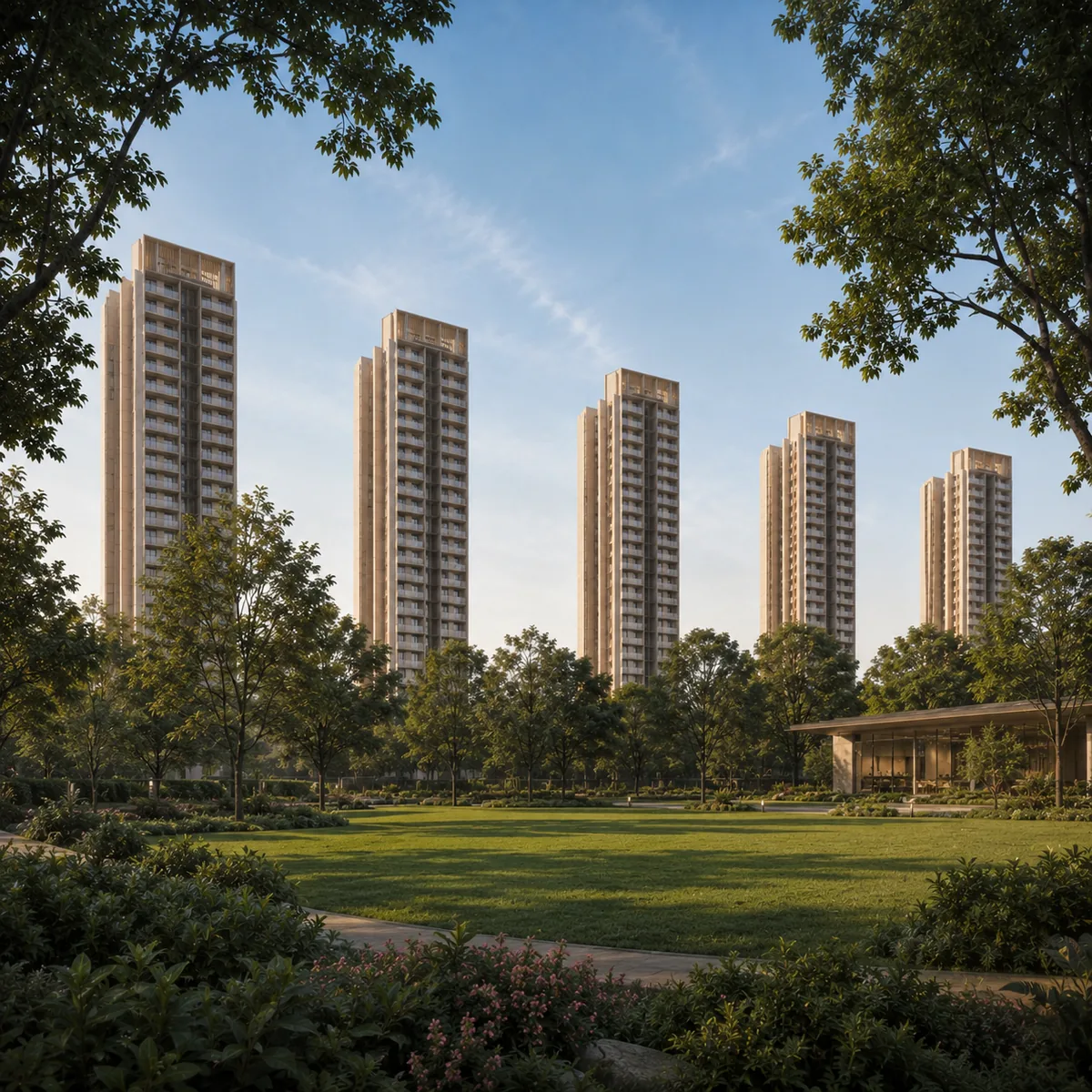 Native tree lines across the grounds, the 75 percent open-space claim is unconfirmed — Assetz Nari & Nami