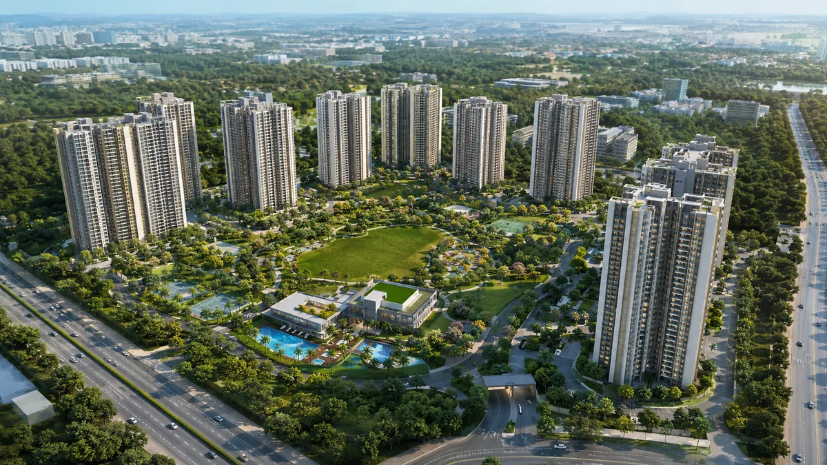 Aerial view of the ~20-acre township within landscaped greens — Godrej Whitefield