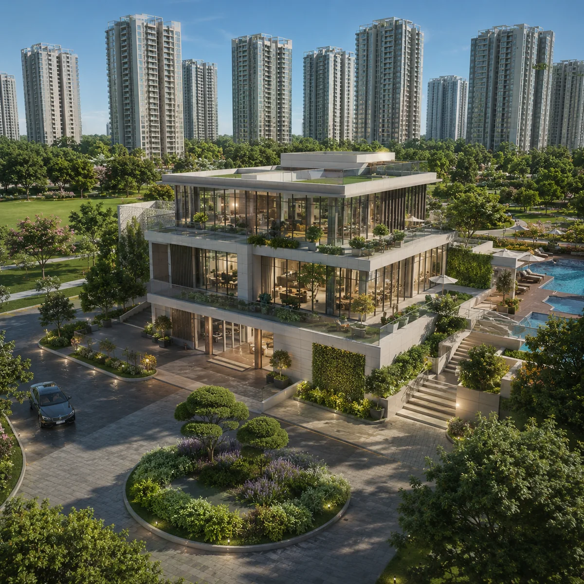 Multi-tier clubhouse precinct opening onto the pool deck — Godrej Whitefield