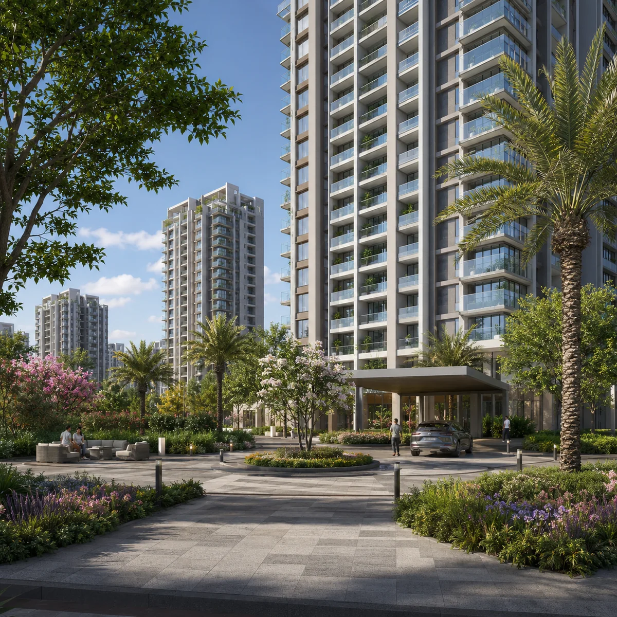 High-rise tower rising over the township greens — Godrej Whitefield