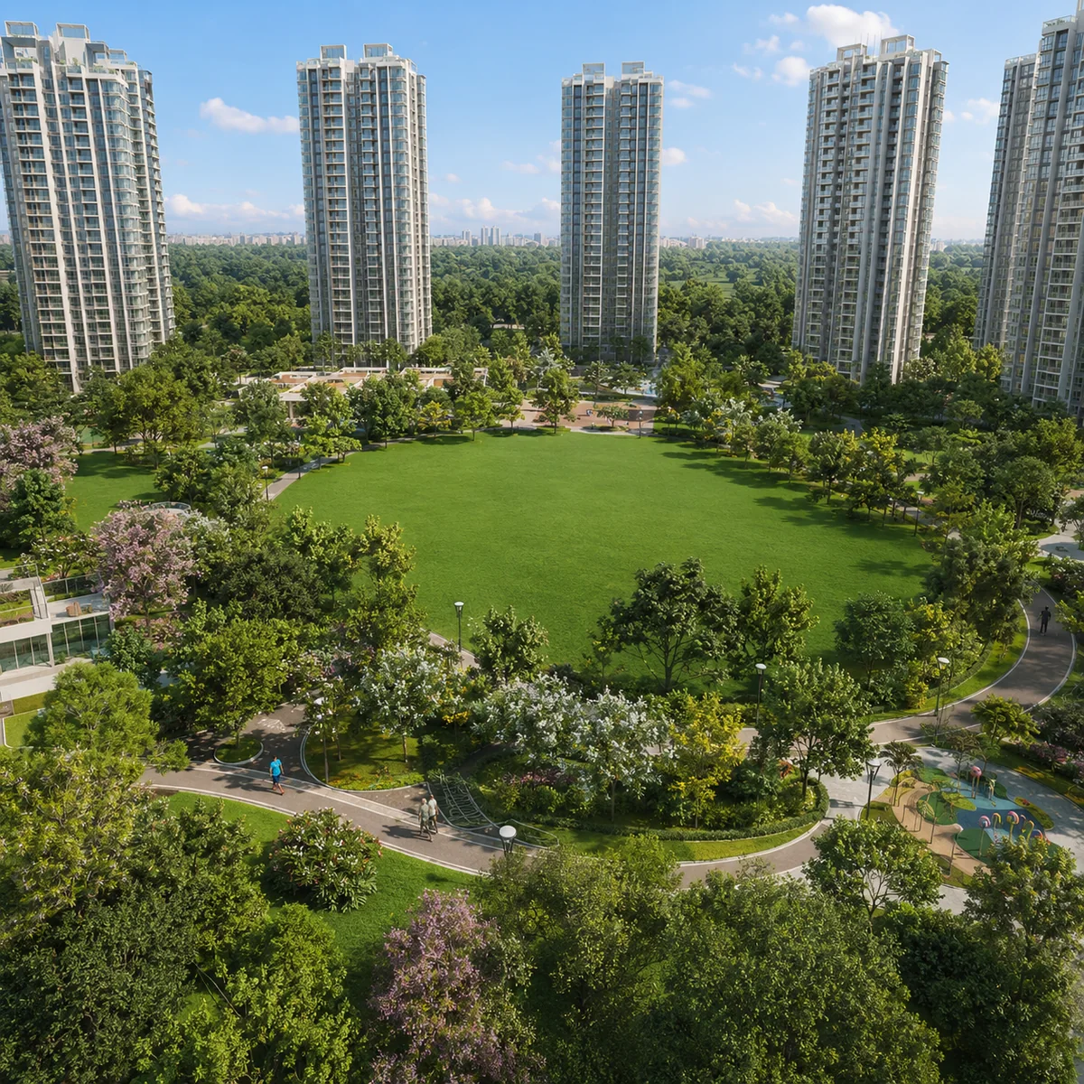 Central landscaped green spine with walkways and seating courts — Godrej Whitefield