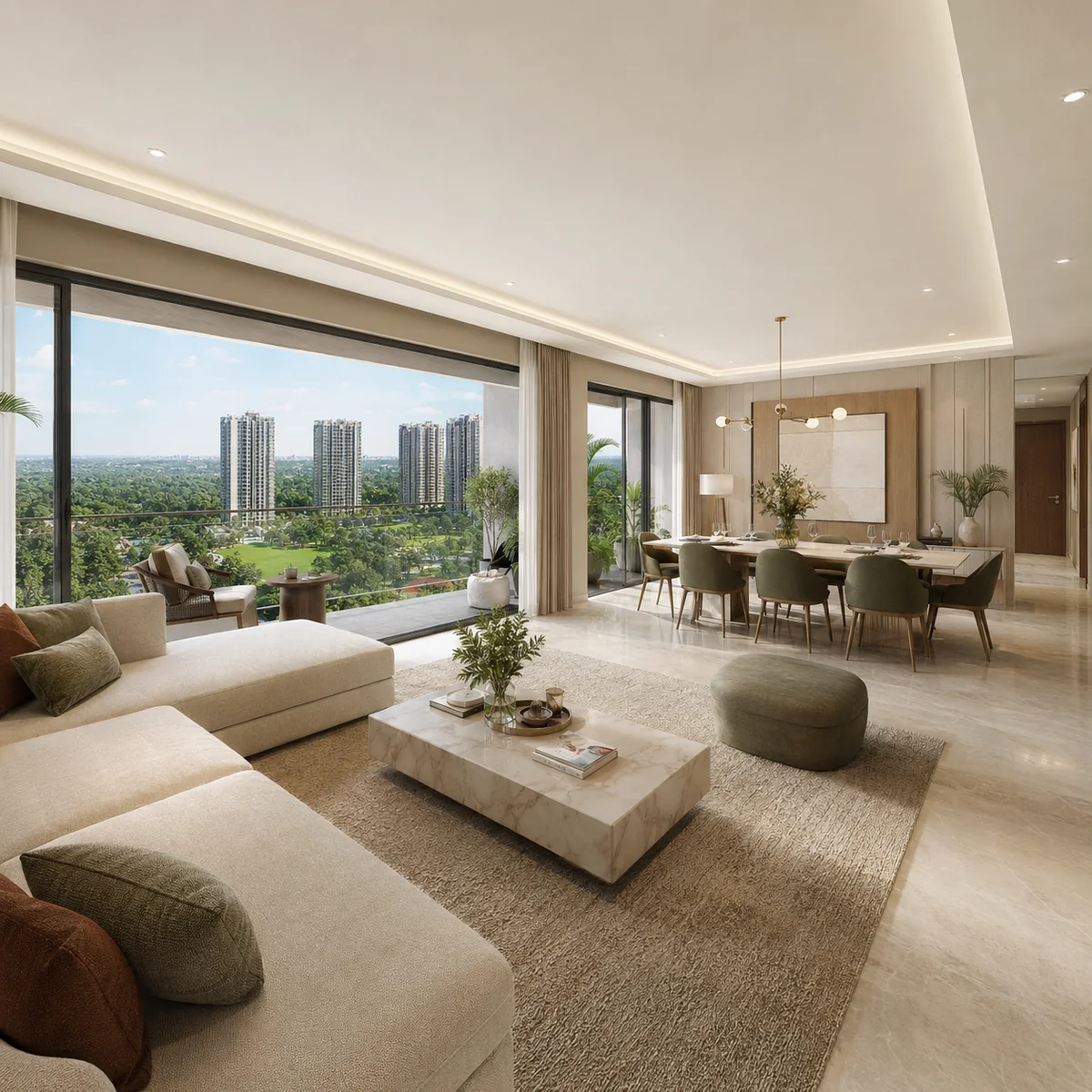 Representative 3 BHK living-dining interior with garden aspect — Godrej Whitefield