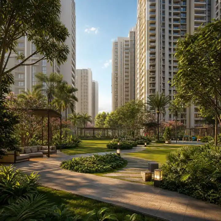 Landscaped greens at Lodha Hopefarm Whitefield