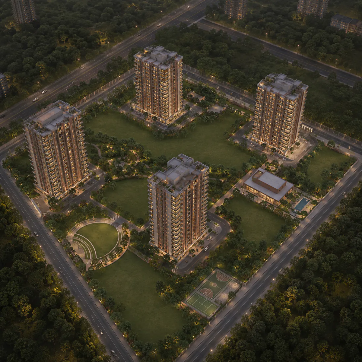 Aerial view of the twelve-acre, four-block campus at roughly 71 homes per acre - Nambiar Kannamangala