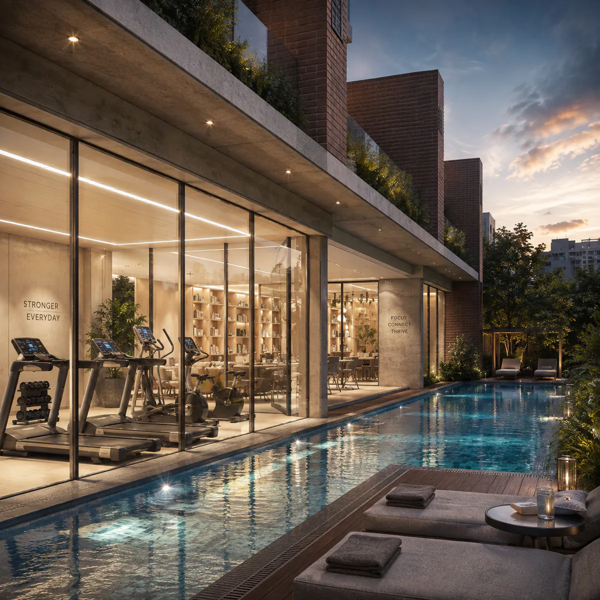 Clubhouse gymnasium glazed onto the pool deck - Nambiar Kannamangala