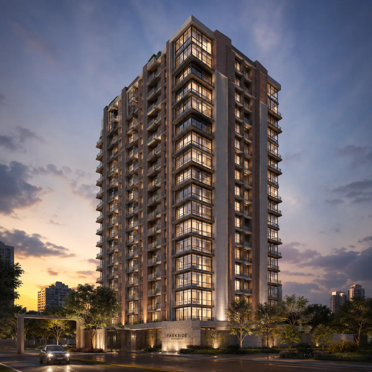 Ground+20 block elevation at dusk, corner units expressed on two aspects - Nambiar Kannamangala