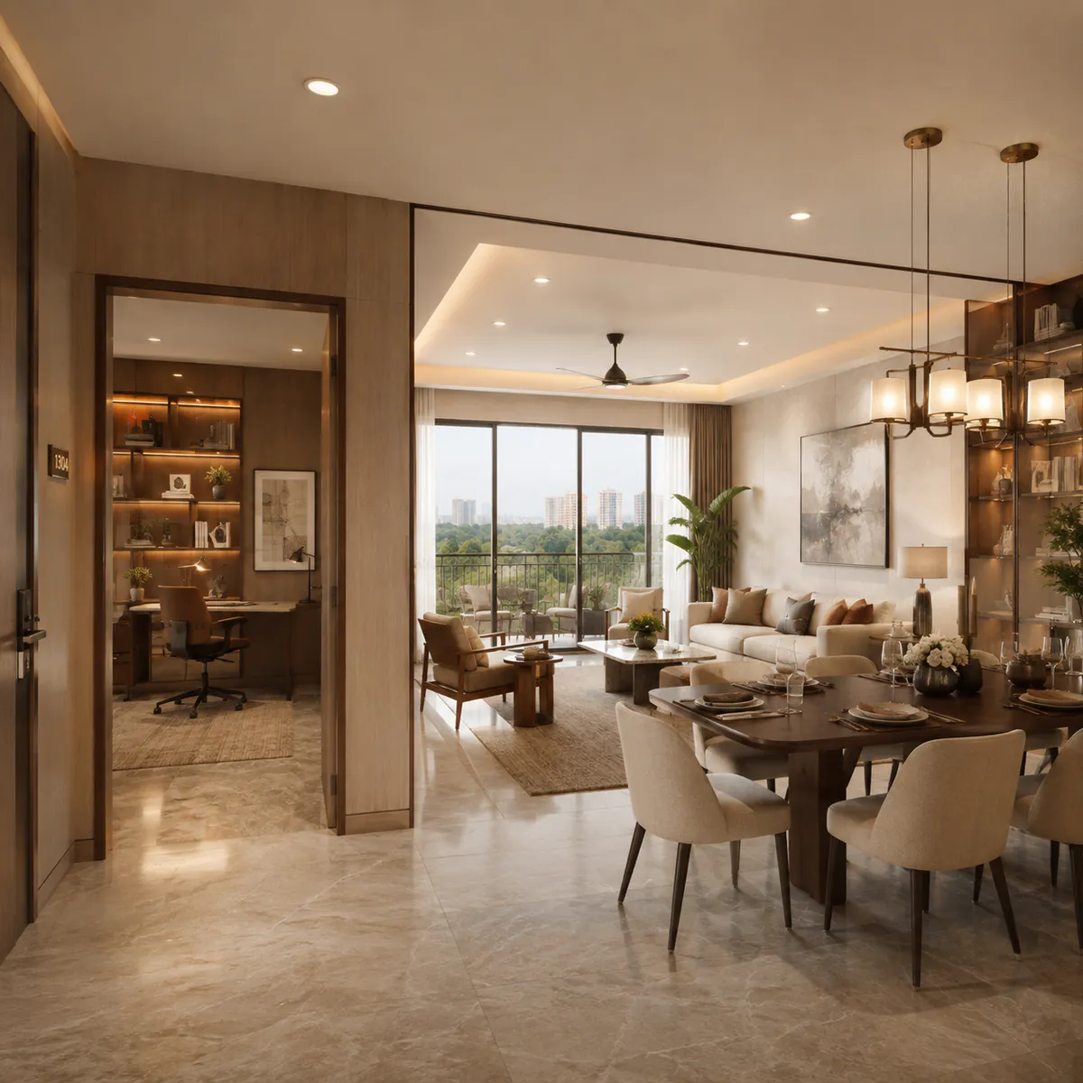 Representative 3.5 BHK living and dining space opening to the balcony - Nambiar Kannamangala