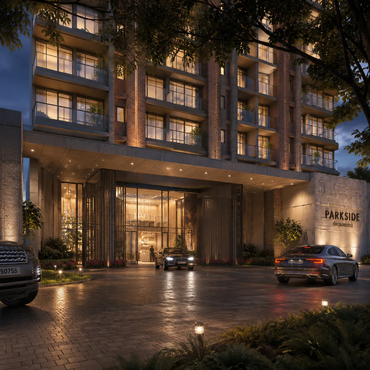 Double-height arrival lobby off the set-back entry court on Whitefield-Hoskote Road - Nambiar Kannamangala