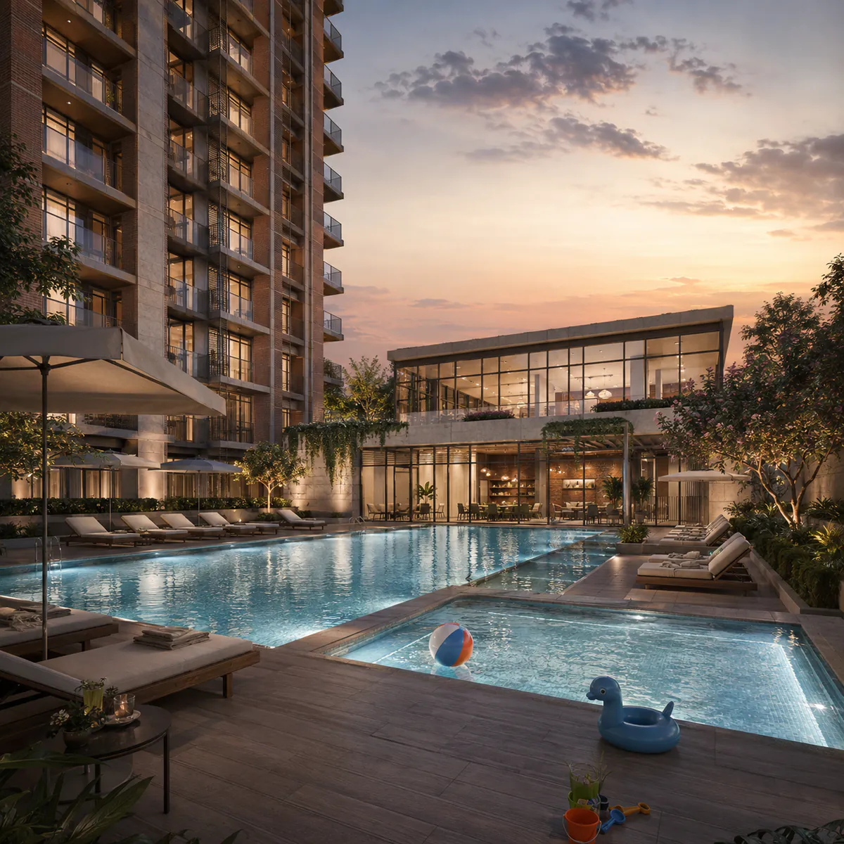 Swimming pool, children's pool and deck with the clubhouse beyond - Nambiar Kannamangala