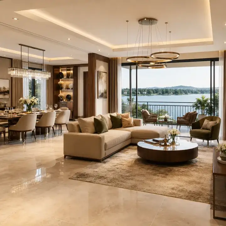 Show-home living interior at the lakefront phase 3 of prestige raintree park, varthur - Prestige Rosewood
