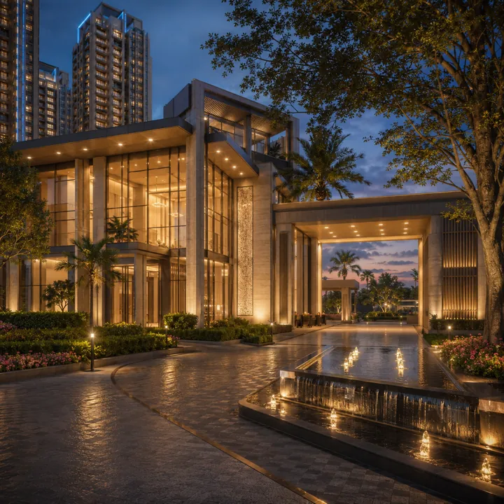 Grand clubhouse entrance with water feature — Sattva Varthur Road