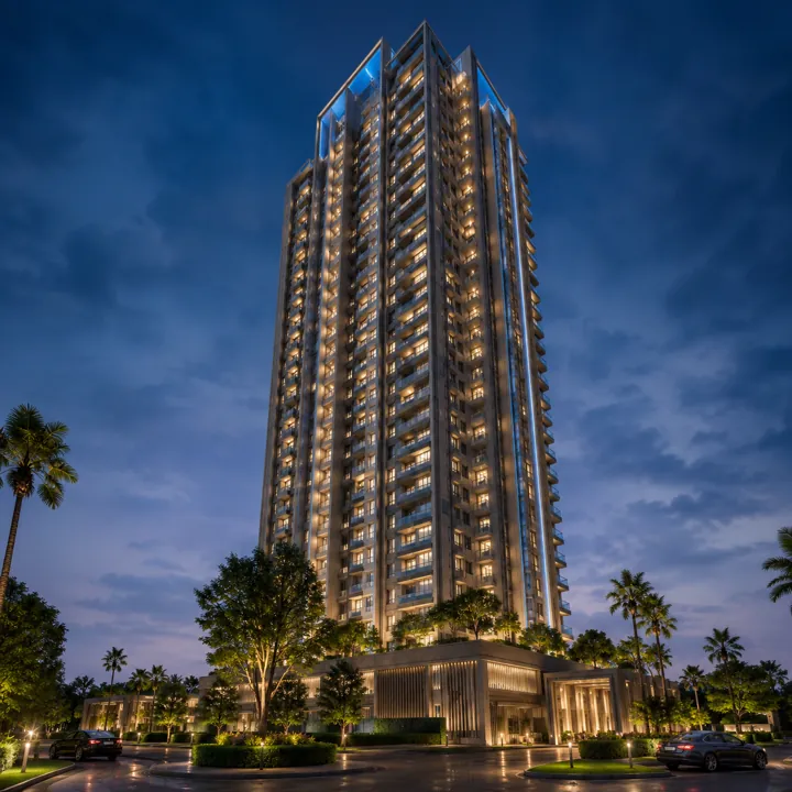 Illuminated 33-floor tower above the landscaped arrival court — Sattva Varthur Road