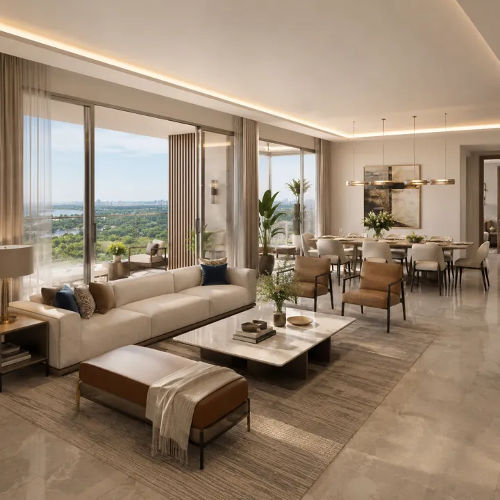 Premium living–dining interior with balcony outlook — Sattva Varthur Road