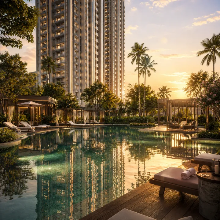 Resort-style swimming pool and sun-deck at sunset — Sattva Varthur Road