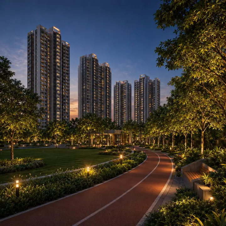Landscaped gardens and jogging track at Sattva Whitefield
