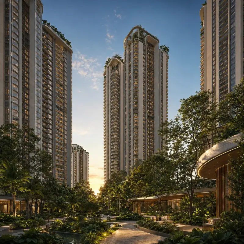 High-rise tower cluster rising above the central green spine