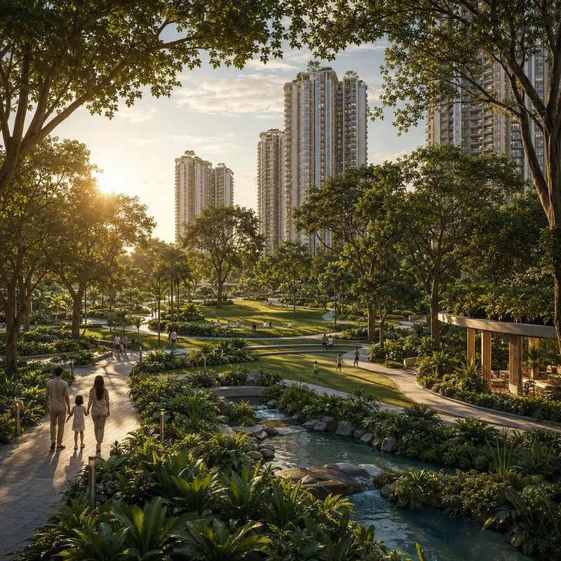 Central green spine with mature canopy planting and pedestrian forest walkways