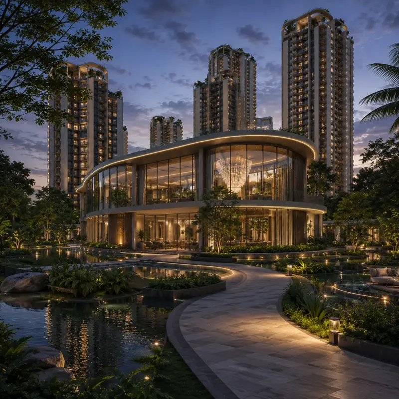 Grand township clubhouse overlooking landscaped courtyards