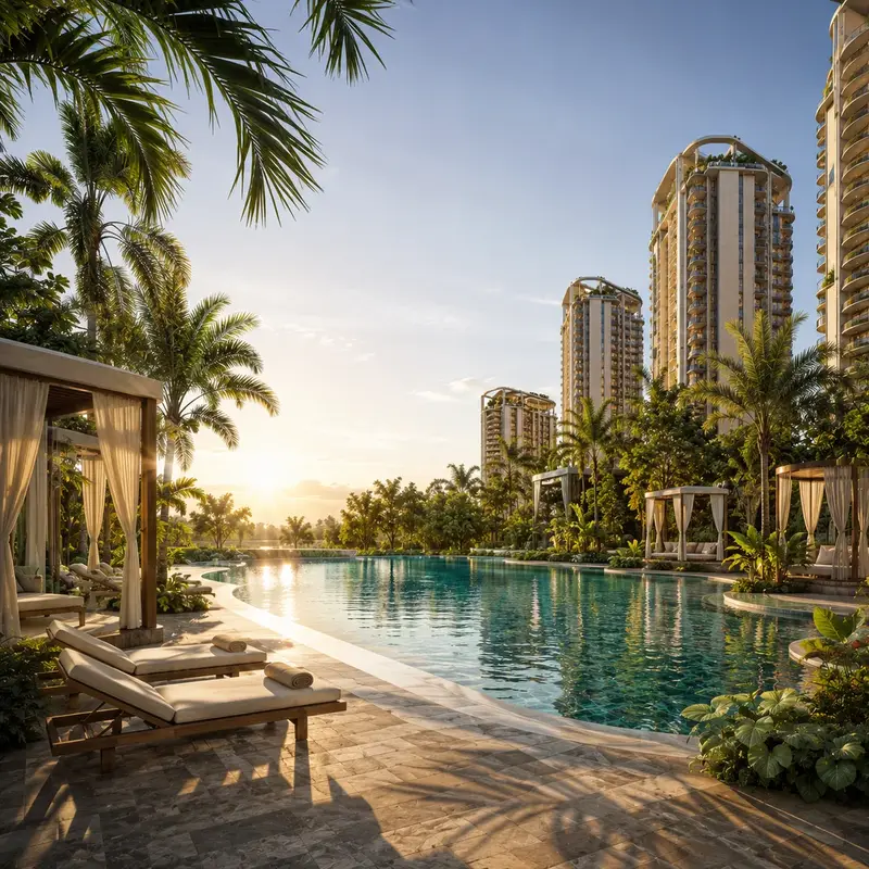 Resort-style outdoor pool deck with sunbathing terraces and cabanas