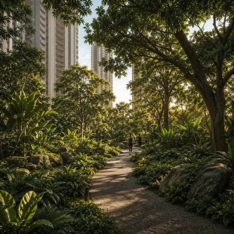 Biophilic forest trail bordering the Atal Bihari Vajpayee Botanical Garden