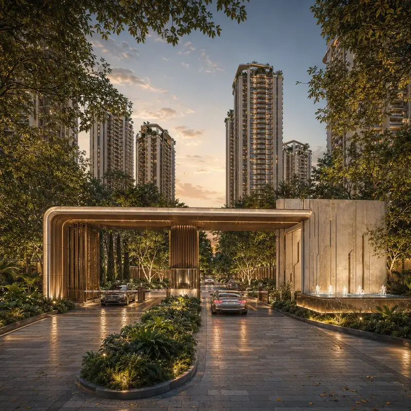 Grand arrival plaza and gated entrance gateway to the township