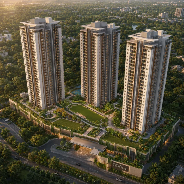 Aerial overview of the gated community and landscape masses
