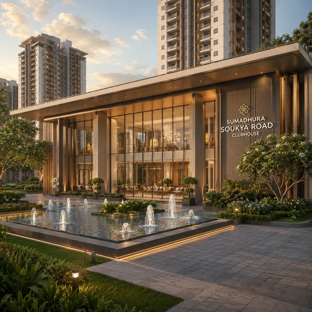 Modern clubhouse exterior with glass curtain wall and water feature