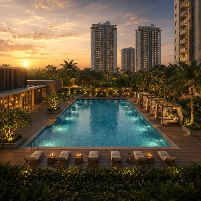 Resort-style swimming pool deck with tower backdrop