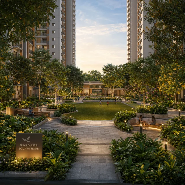 Landscaped central park with native trees and walking paths