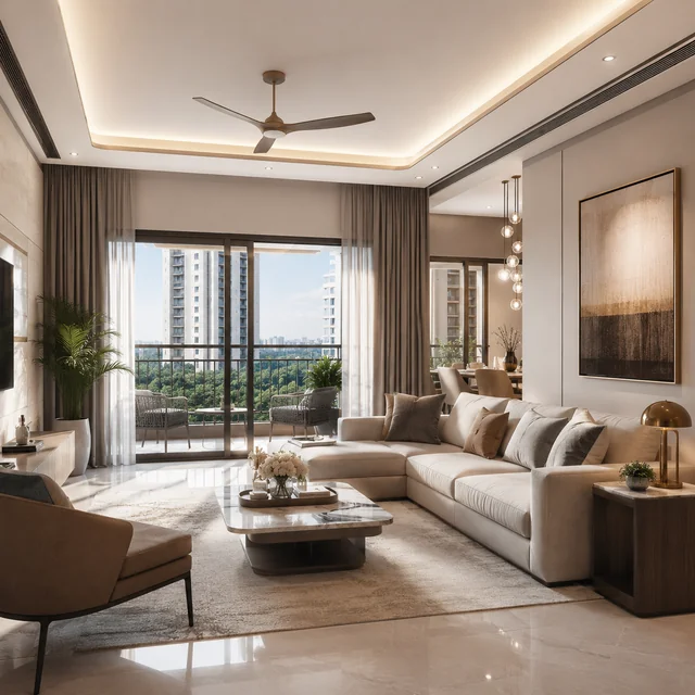 Living room interior of a typical 3 BHK with balcony view